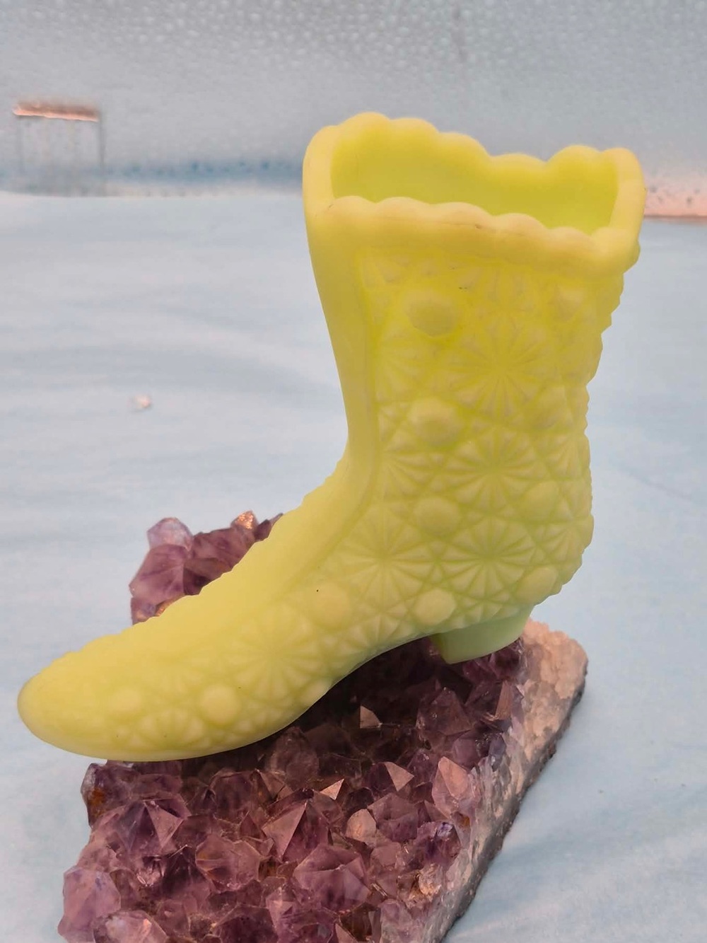 Yellow Satin Custard Uranium Fenton Glass Boot GLOWING Daisy & Button Shoe